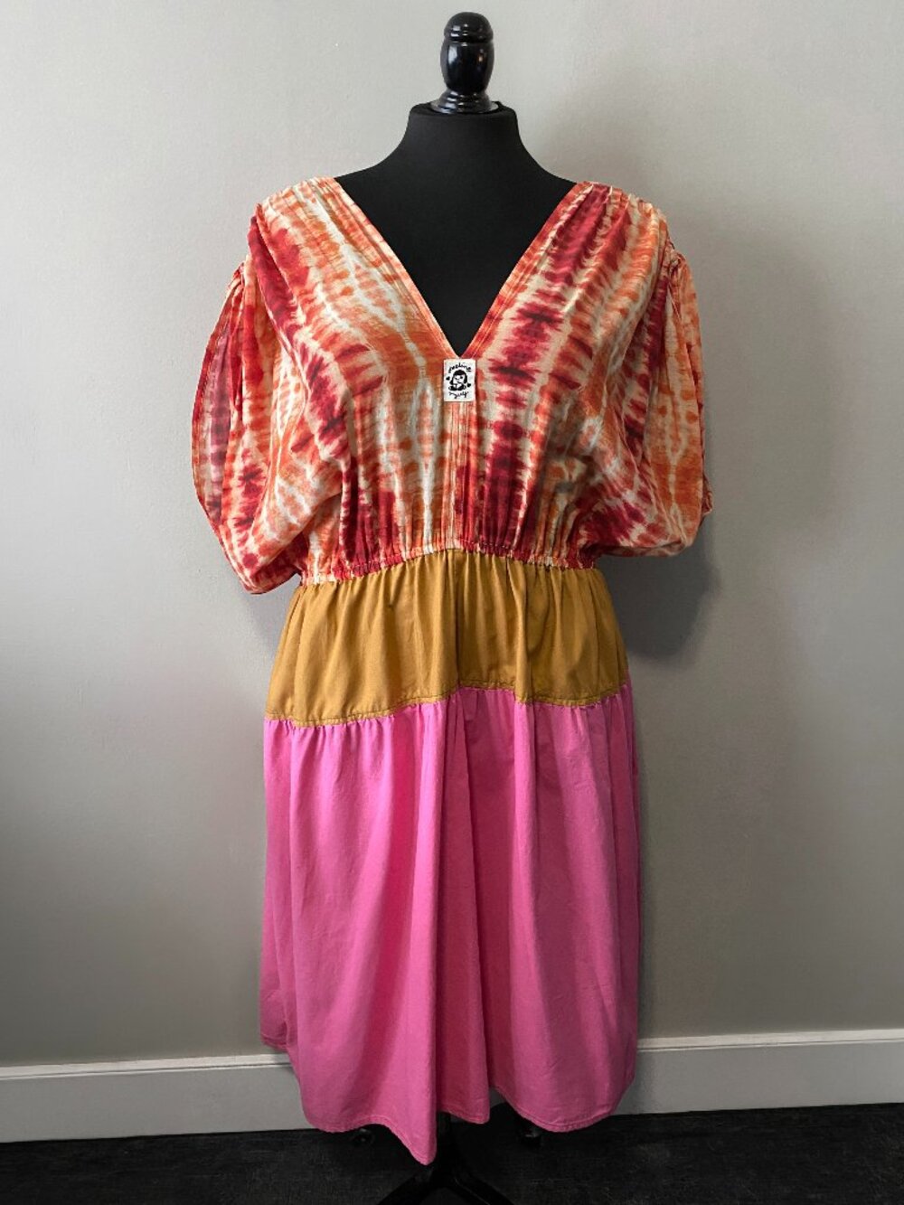 Handmade Plus Size Cotton Red Orange Tie-Dye Pink Gold V-Neck Dress
